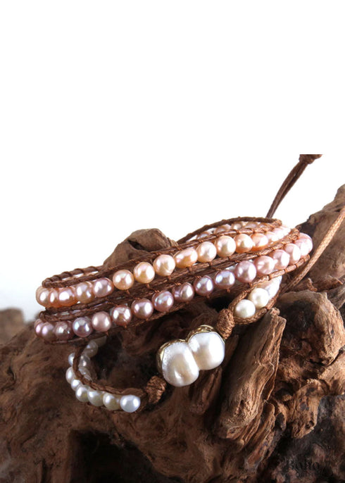 Boho Bracelet, RH 5 Layers Leather Wrap Bracelet, White Pink Natural Peal